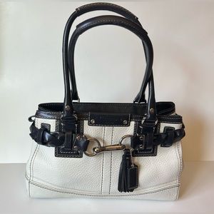 Coach Hampton White Black Pebble Leather Braid Accent Tassel Carryall F13084